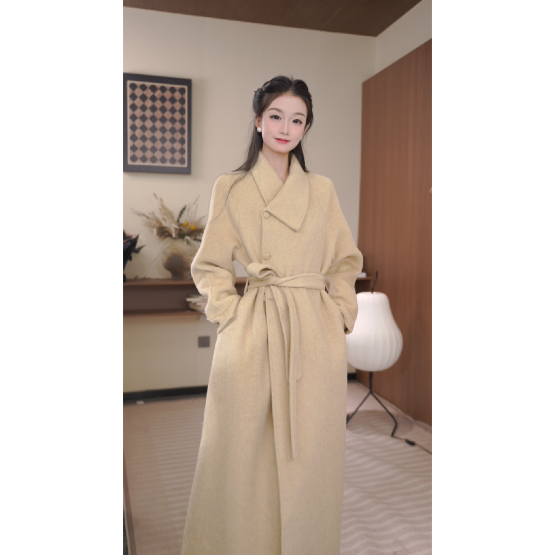 崔什么崔 2025设计师款 韩版长款斜领手缝羊毛大衣