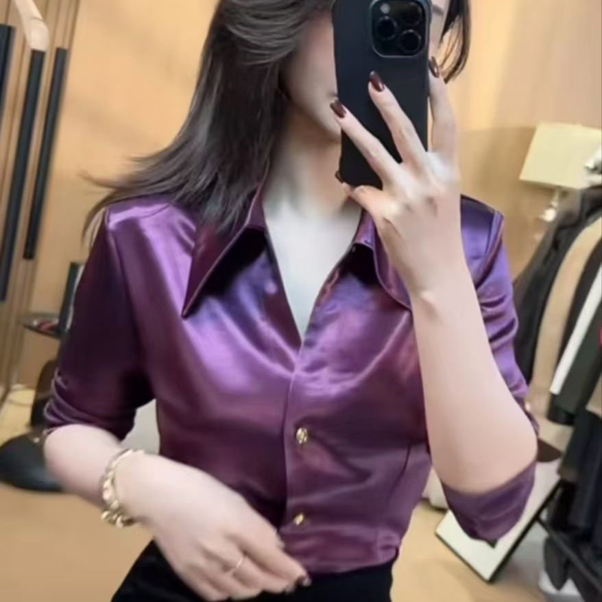 A缎面薄款衬衣轻奢时尚修身显瘦气质洋气百搭衬衫