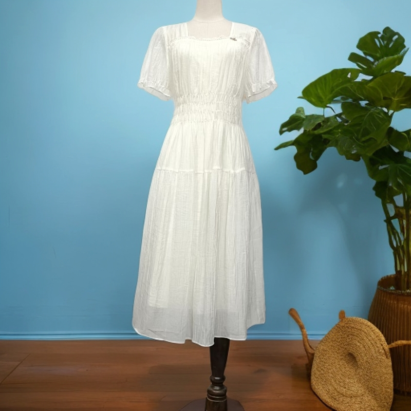 夏季方领弹力腰纯色气质连衣裙裙子A182