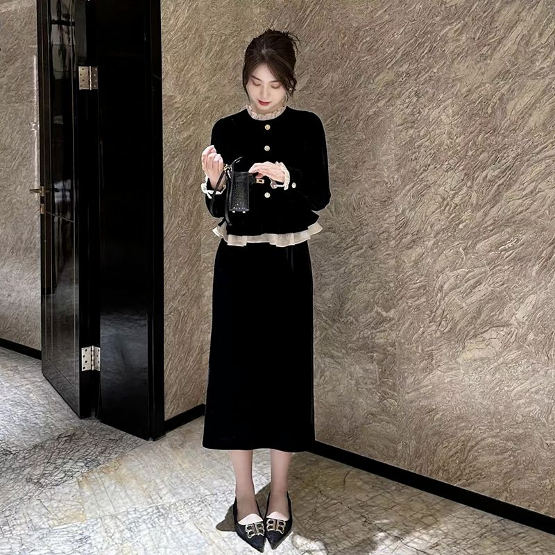 A522新款气质拼接小黑长裙