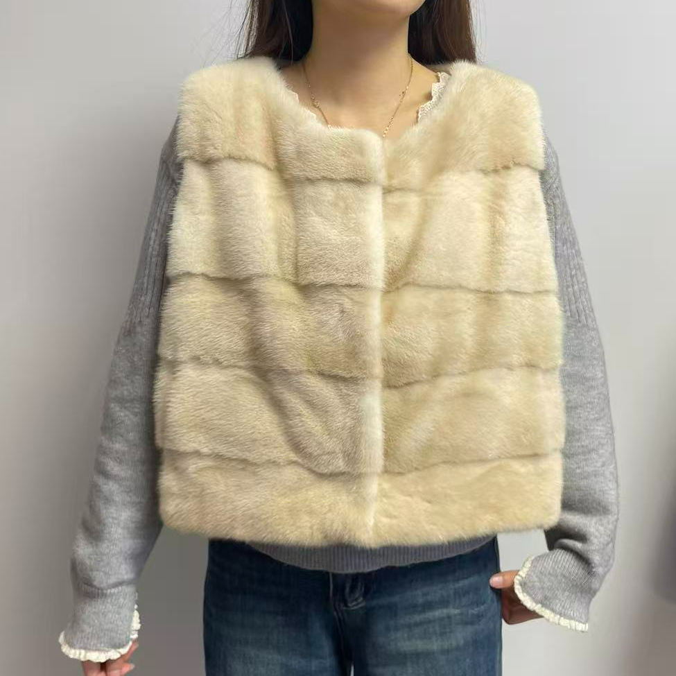 （50cm）进口毛水貂圆领小短款米黄马甲横排皮草马夹
