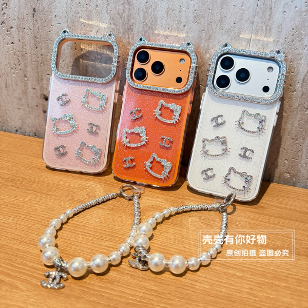 适用苹果15手机壳iphone17钻框kt猫16pro细闪13防摔14pro max手链