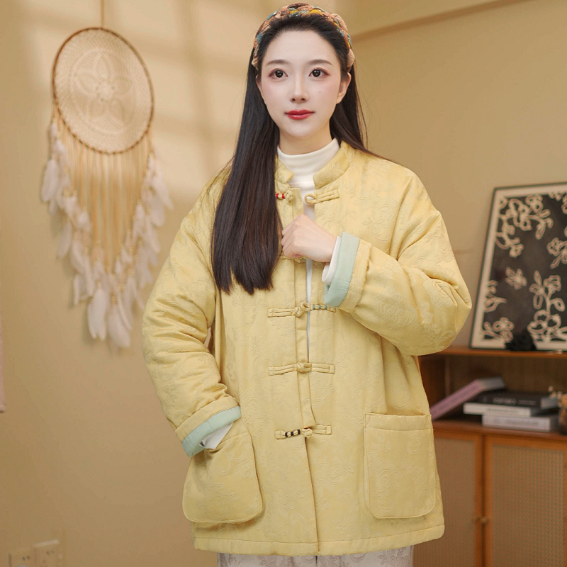 新中式中长款提花复古盘扣棉服冬季新款国风保暖夹棉棉袄简约舒适