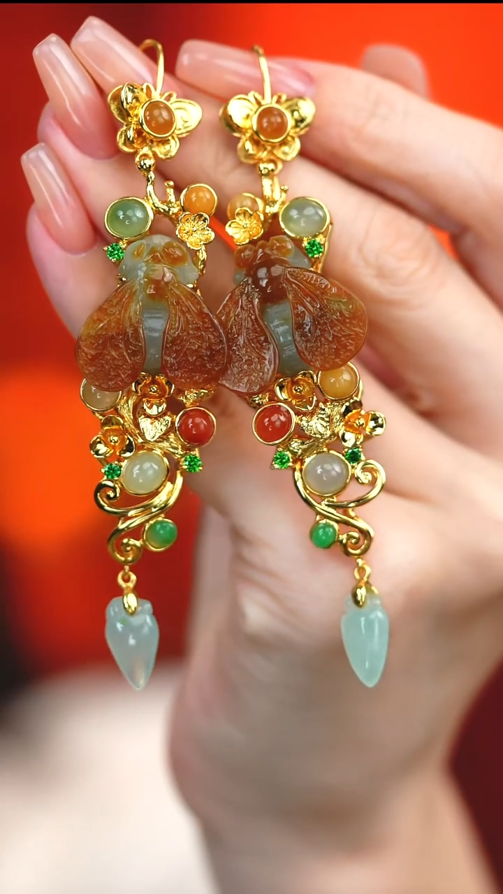 银S925镶嵌翡翠耳饰新款