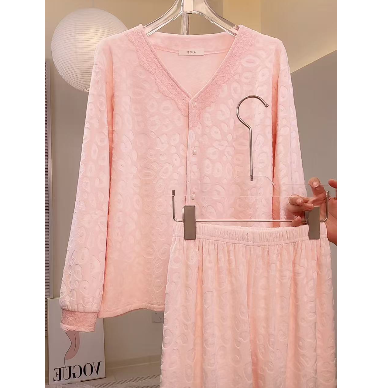 大朵【粉色-蕾丝粉豹纹】2025新款海岛绒睡衣女秋冬家居服舒适宽松