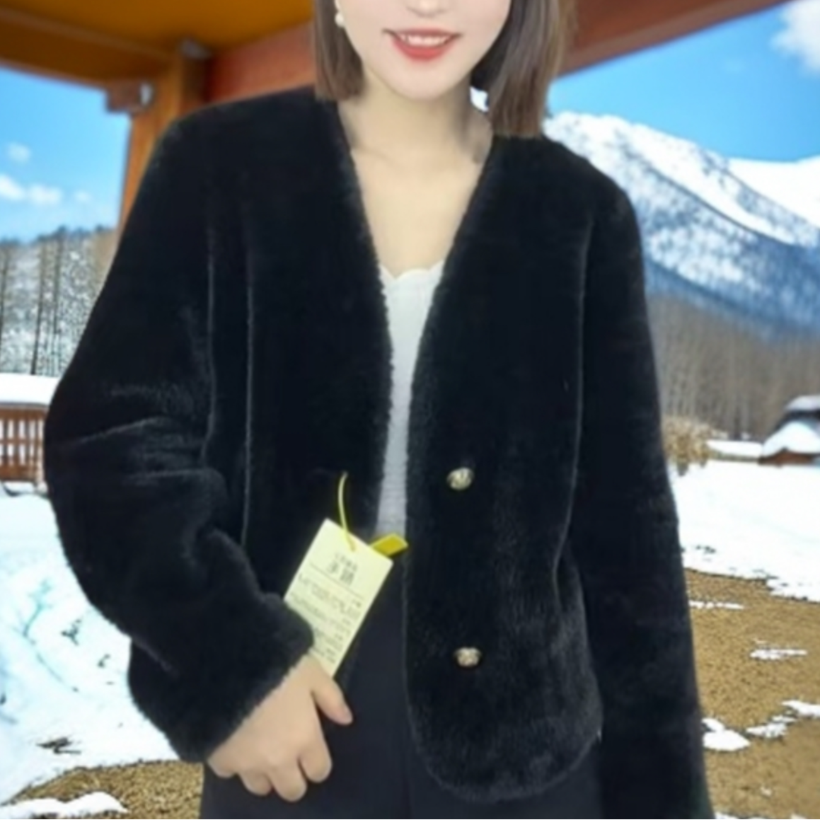 【2025新春战袍】春秋款W时尚妈妈V领貂绒皮毛一体女款短外套