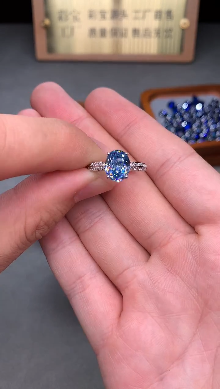 银S925镶嵌戒指海蓝宝石2222