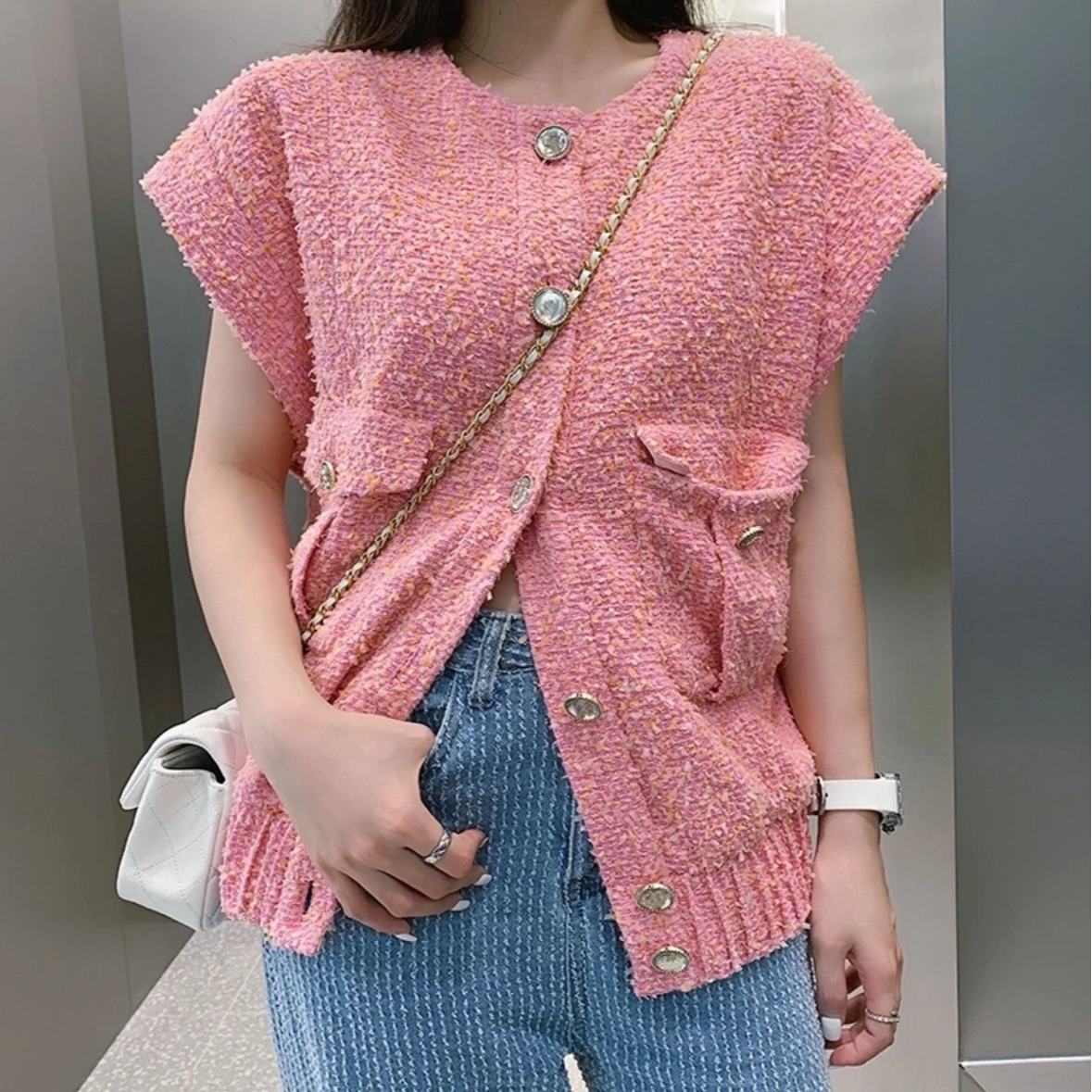 99新 Chanel/香奈儿 34码21S春夏橘粉色流苏水晶扣无袖编织马甲