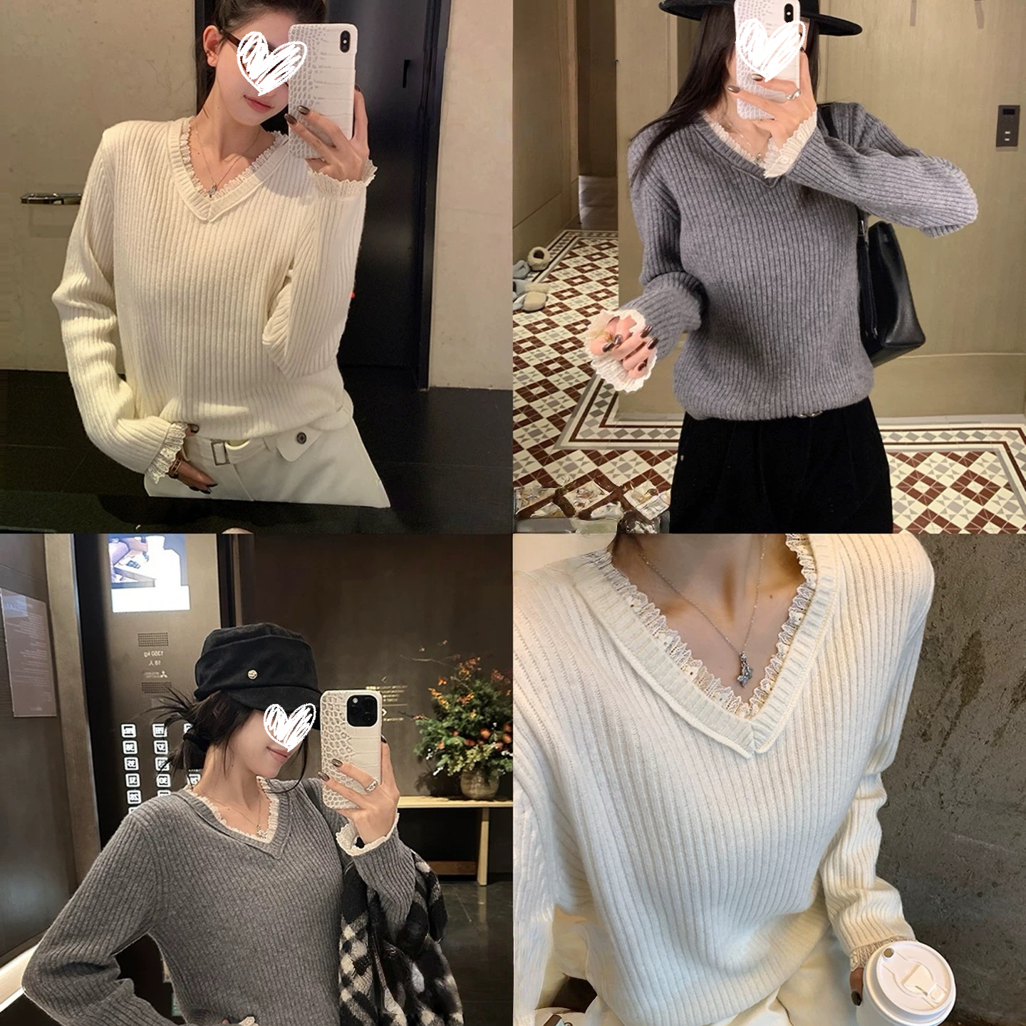 蕾丝花边拼接V领毛衣女冬季百搭显瘦坑条针织上衣