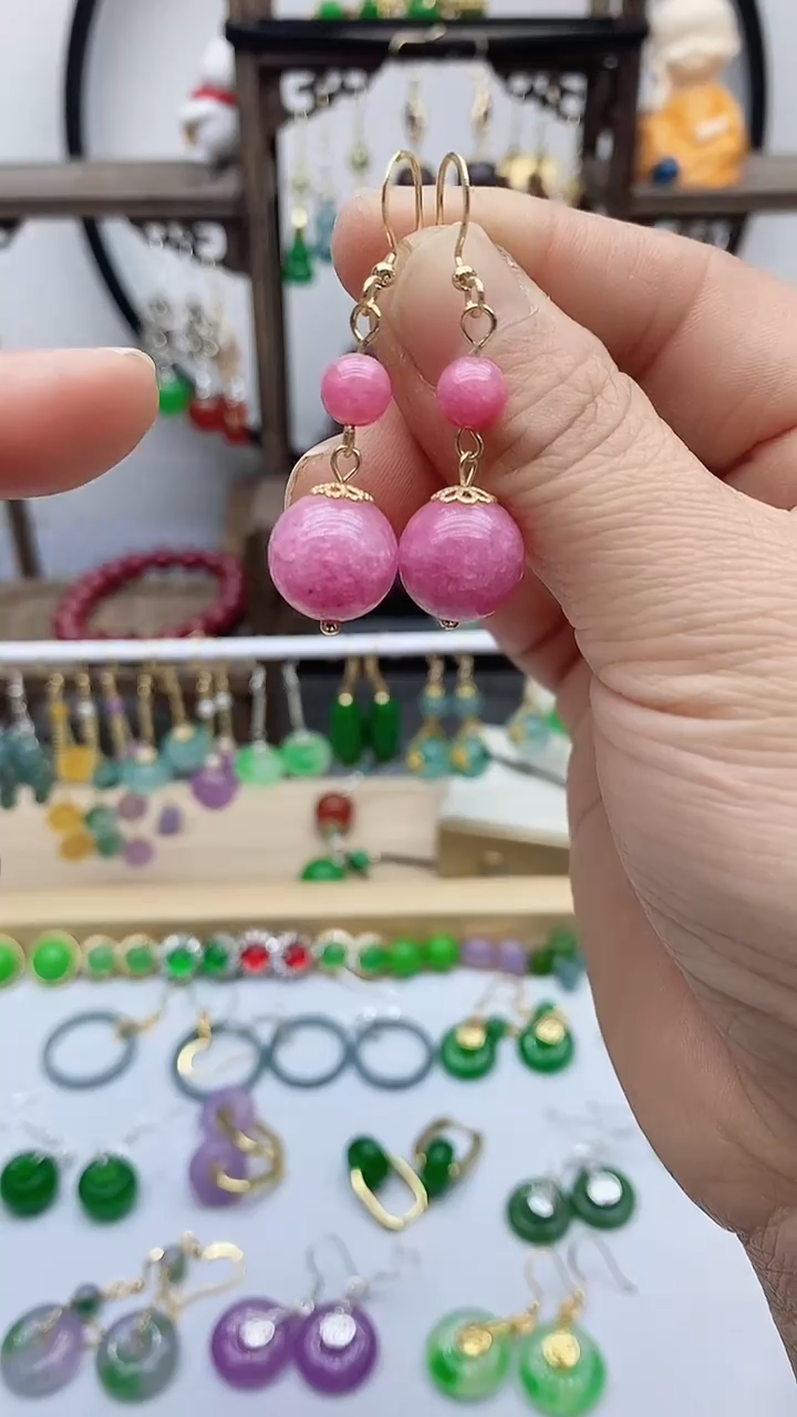 未镶嵌菱锰矿（红纹石）耳饰36