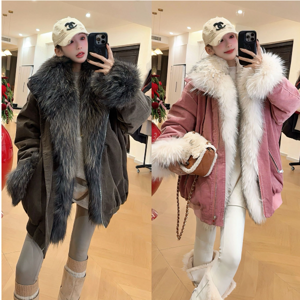 雾粉暮棕 原创貉子毛大毛领大口袋女冬季设计感外套派克服