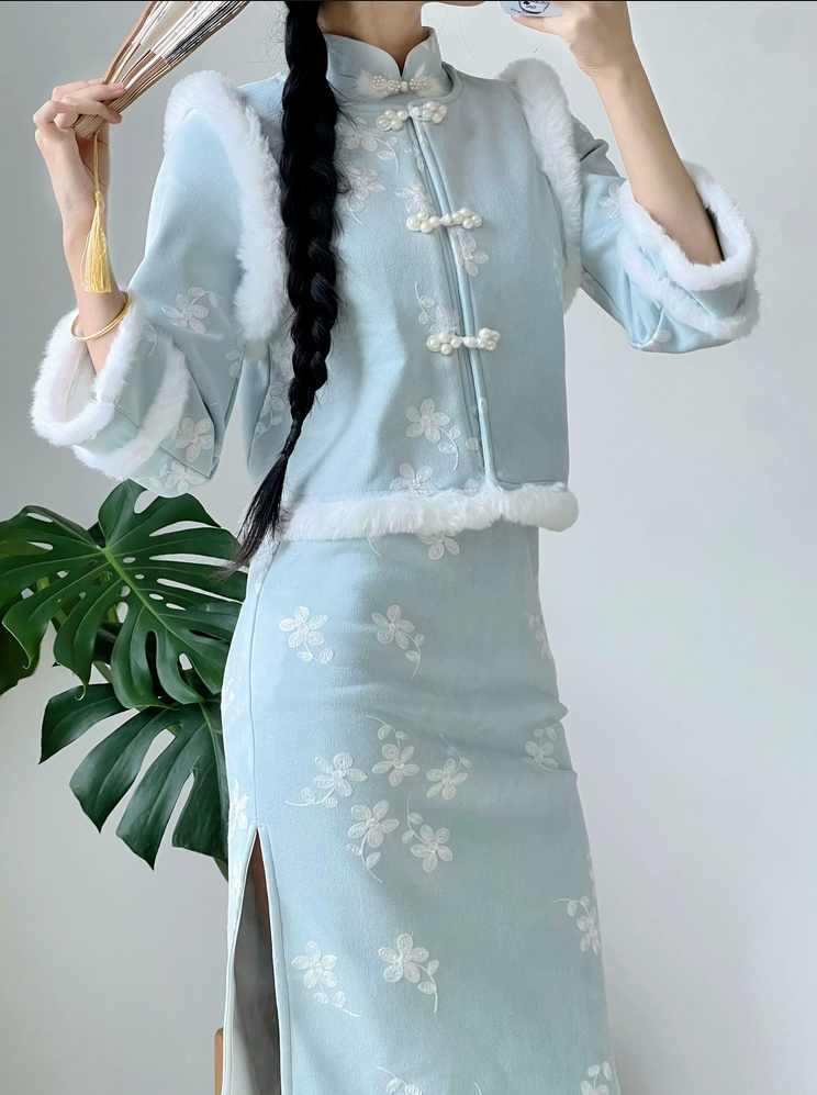 【青黛】新款马甲套装旗袍冬加厚新中式改良加绒复古日常可穿连衣裙