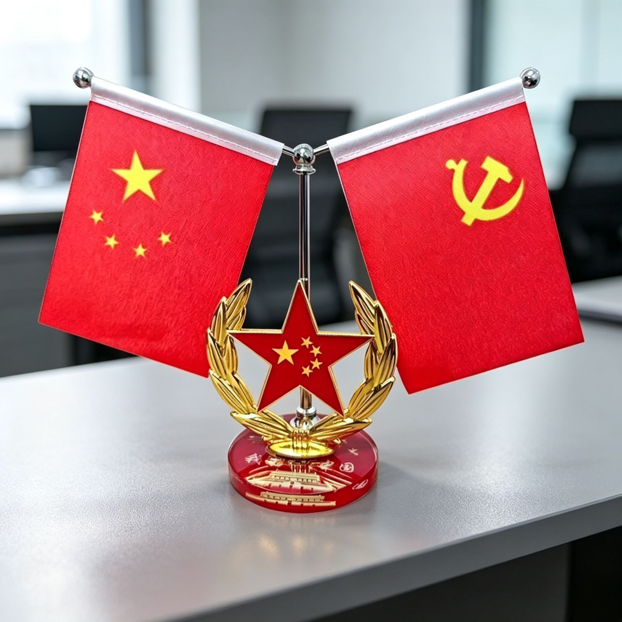 【爱国红旗】红旗摆件中控台办公室家居装饰品方形底座红旗摆件