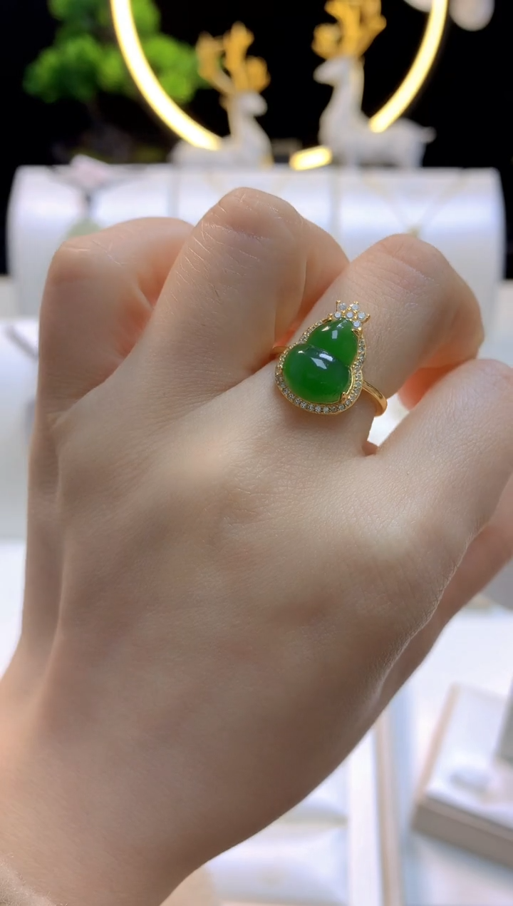 【闪购商品】和田玉戒指银S925镀金镶嵌葫芦戒指