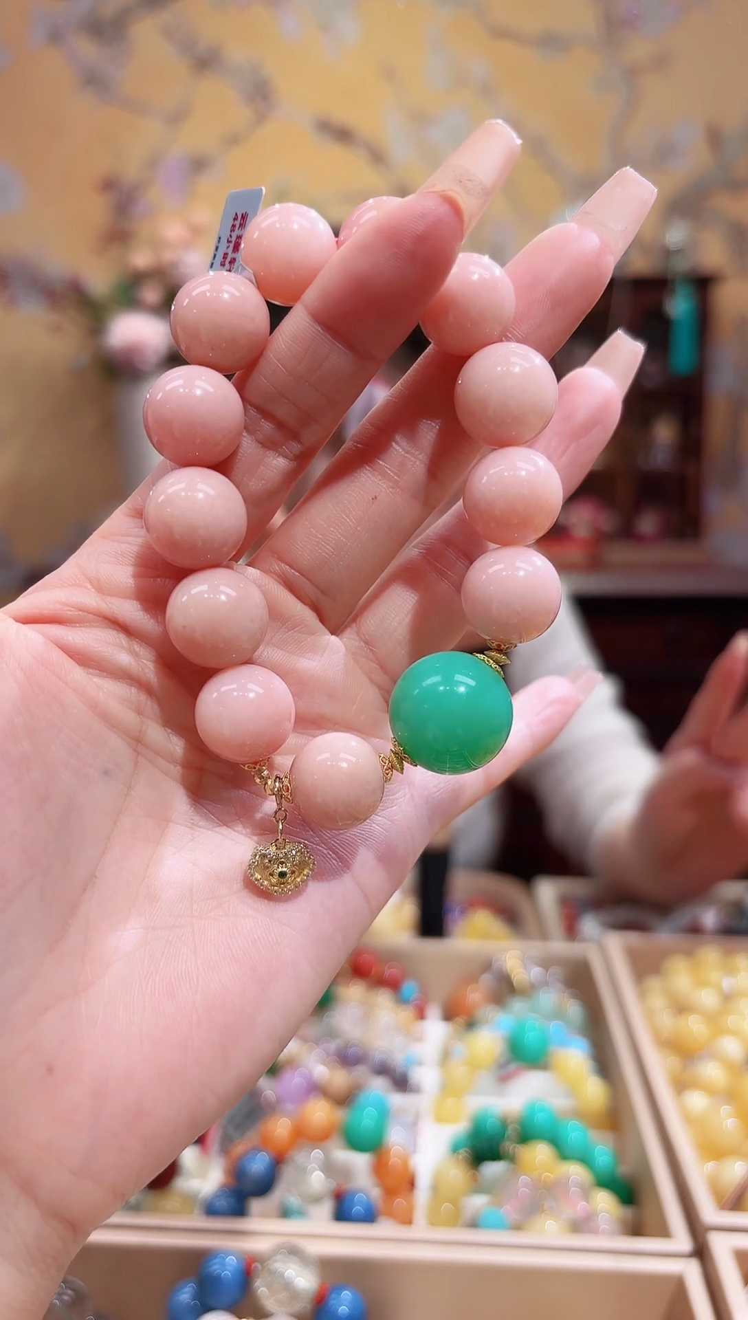 18K金镶嵌蛋白石手串粉澳宝蜜桃粉精品14+18咪