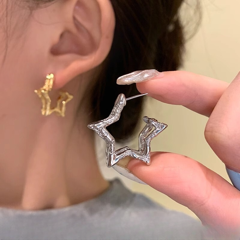 铜合金耳饰 A046 超闪金银色双层镂空五角星星耳环耳饰女精致轻奢