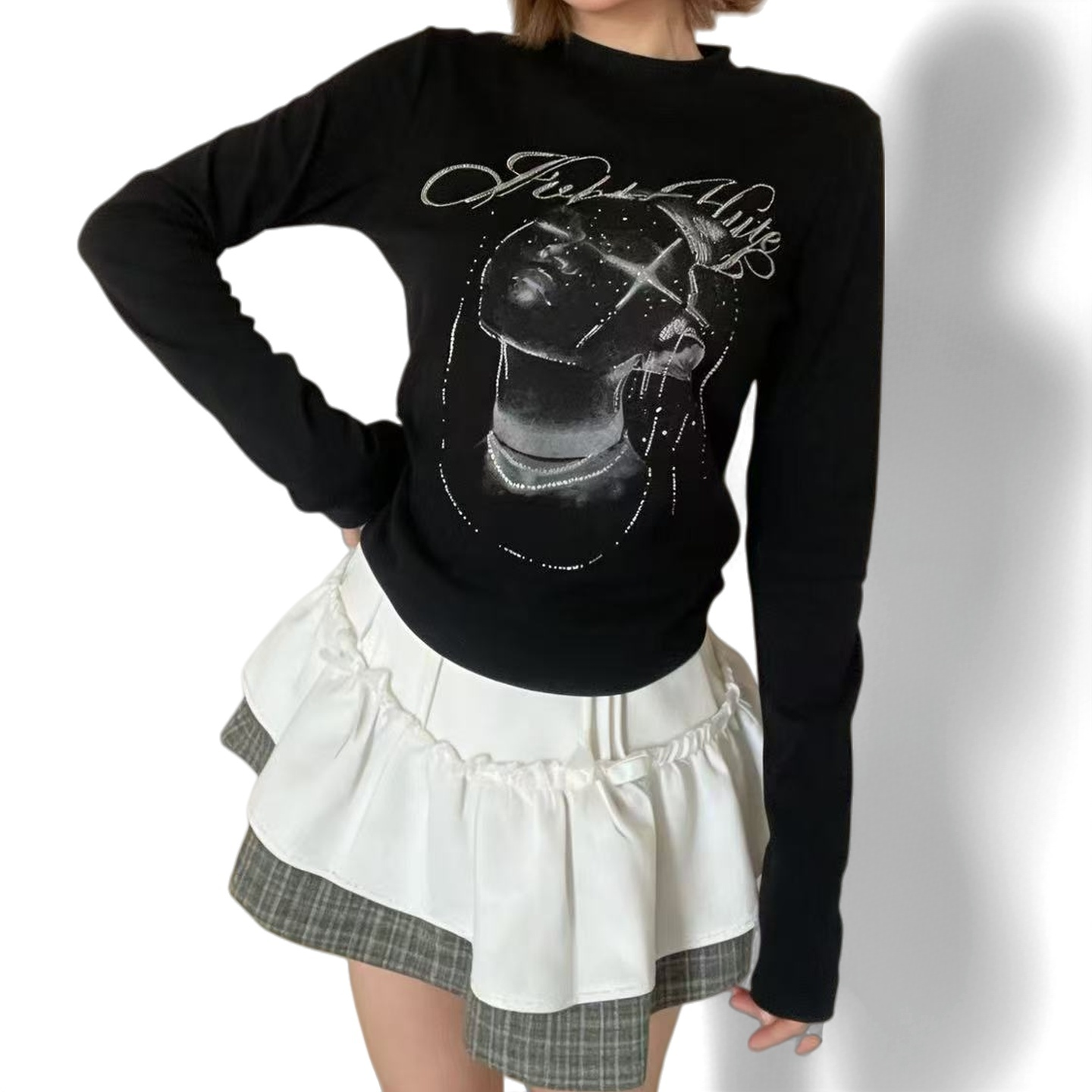 大宝家冬季新款设计感印花长袖T恤女修身显瘦百搭