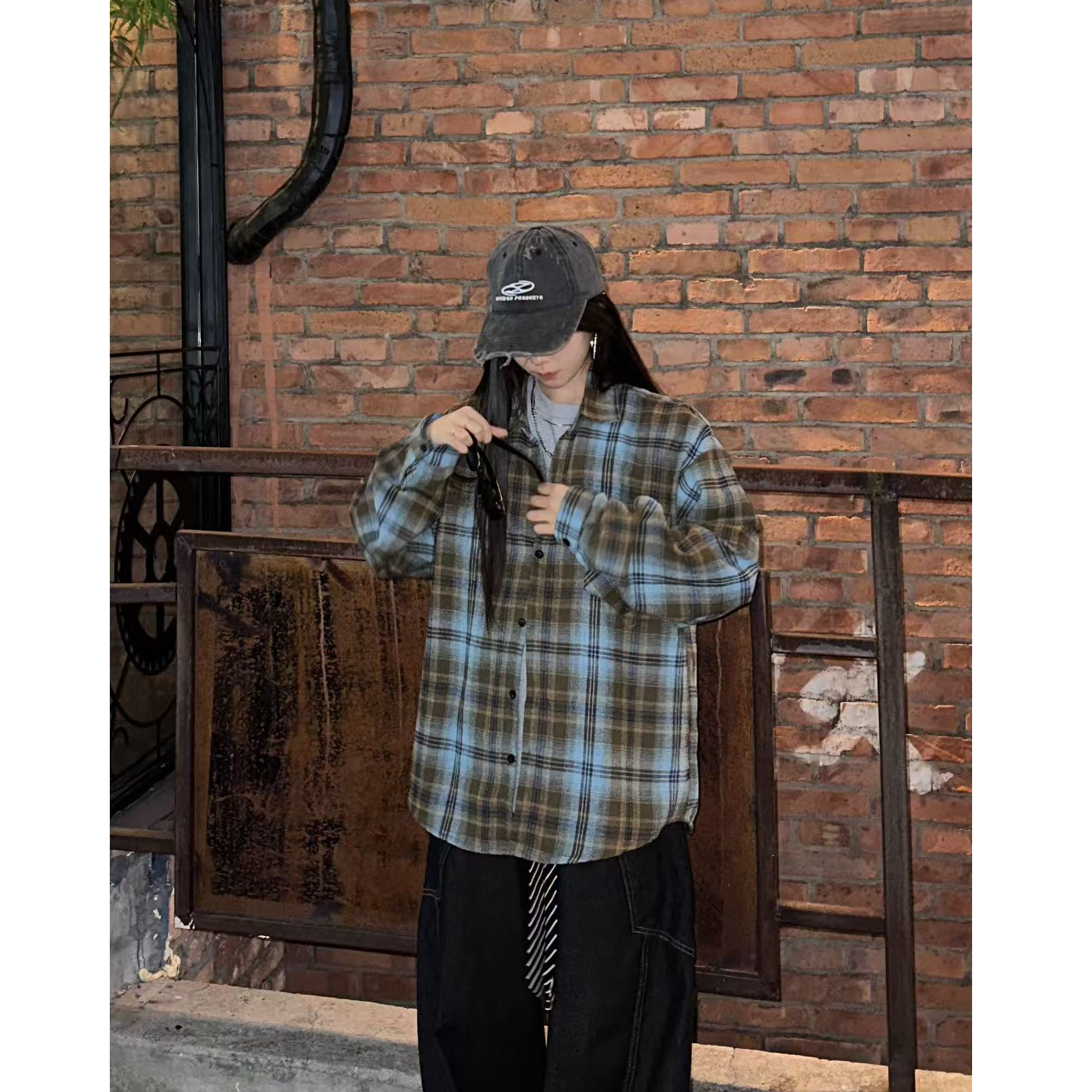 美式复古长袖格子衬衫开衫外搭情侣装休闲外套男夏季重工防晒衬衣