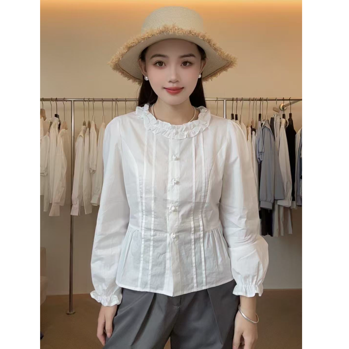 木耳花边领长袖衬衫女秋新款出游穿搭法式气质绝美上衣