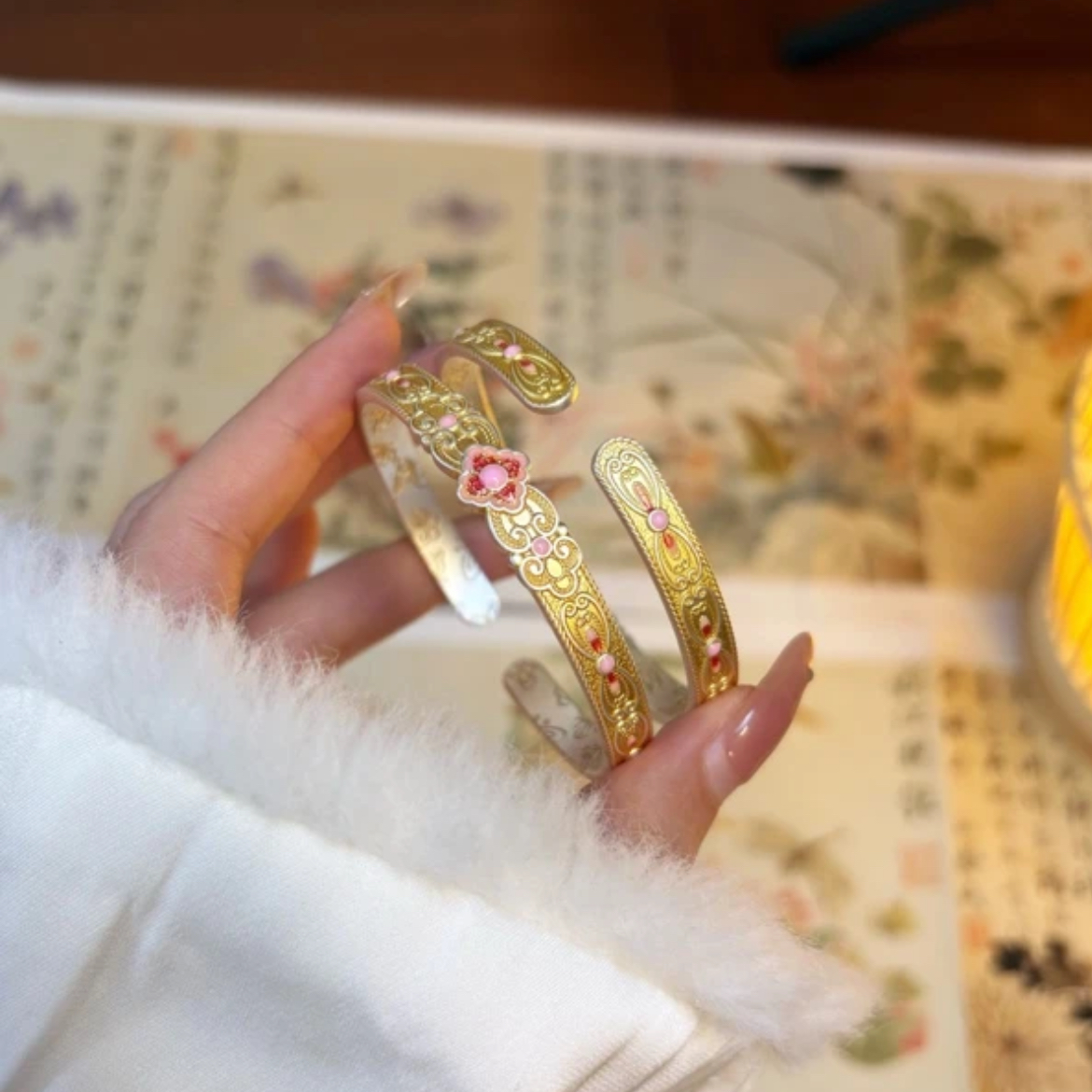 友执 足银手镯 足银999.9描金珐琅【花神】蝴蝶宫廷轻奢开口镯