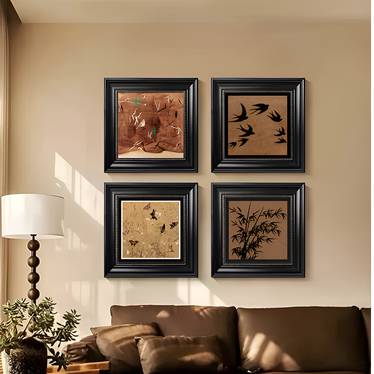 中古风装饰画梅兰竹菊高级感卧室壁画美式复古客厅挂画组合联挂画