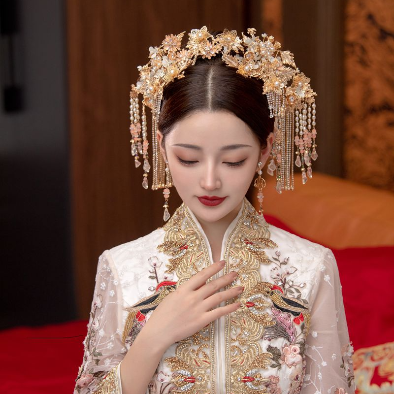 14452喜看优选新娘气质古风头饰秀禾结婚黄色流苏发冠复古汉服发