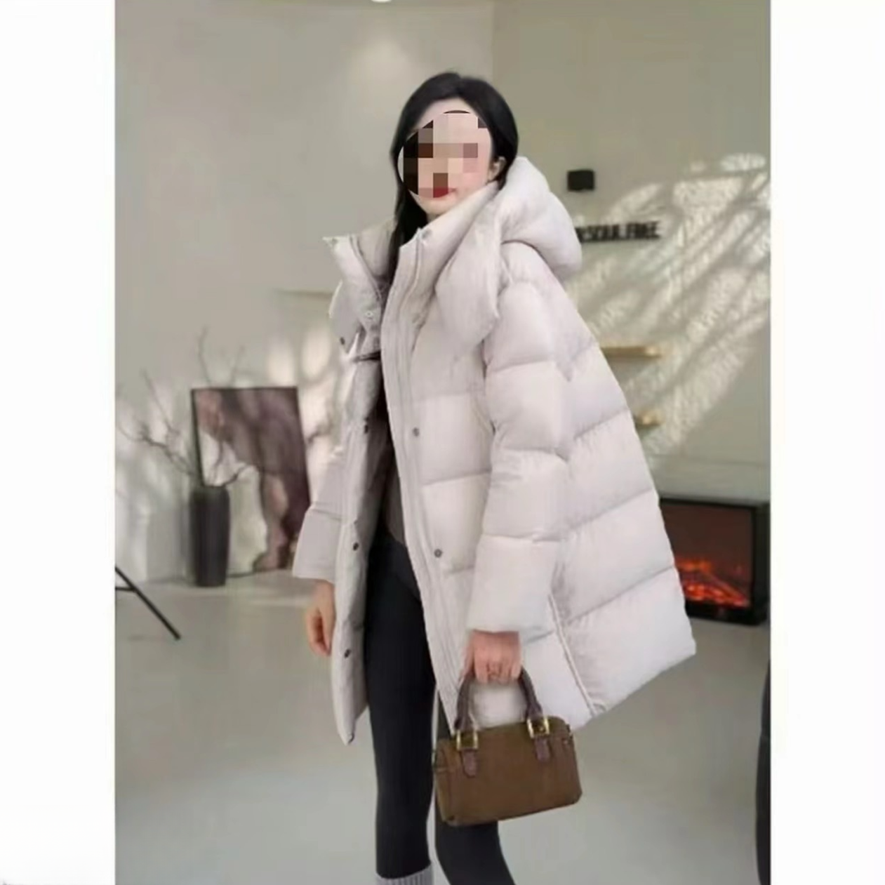2025年新款泡芙羽绒服女中长款韩版时尚连帽百搭白鸭绒外套