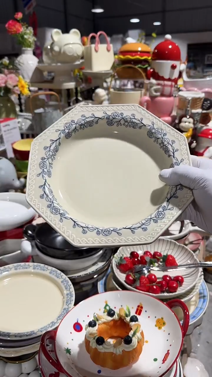 陶瓷蓝玫瑰八角深盘微瑕 凑满20元包邮