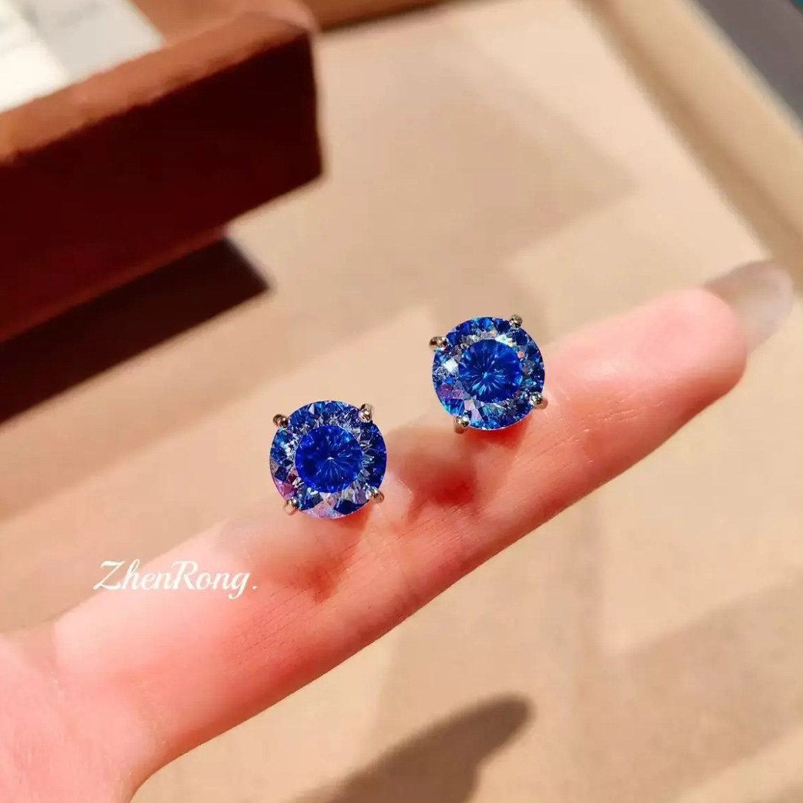 铜合金合成锆石耳饰 时尚经典小众简约轻奢蓝色耳钉气质-7244-1