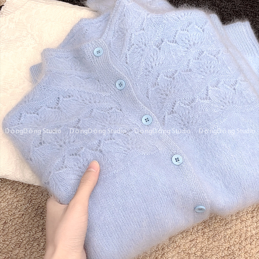 冬季新品【蓝星花】全毛拉绒钩花镂空半高领纯色针织开衫 8273