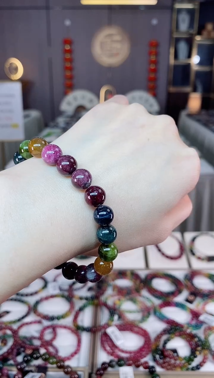 未镶嵌老矿碧玺色标彩虹单圈手串9mm+碧玺dan多样性发货一条