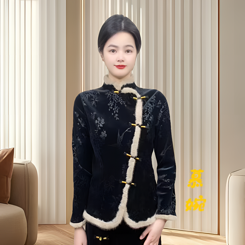 【慕婉】2025新款黑色秋冬时尚新中式斜扣冬春款女士上衣