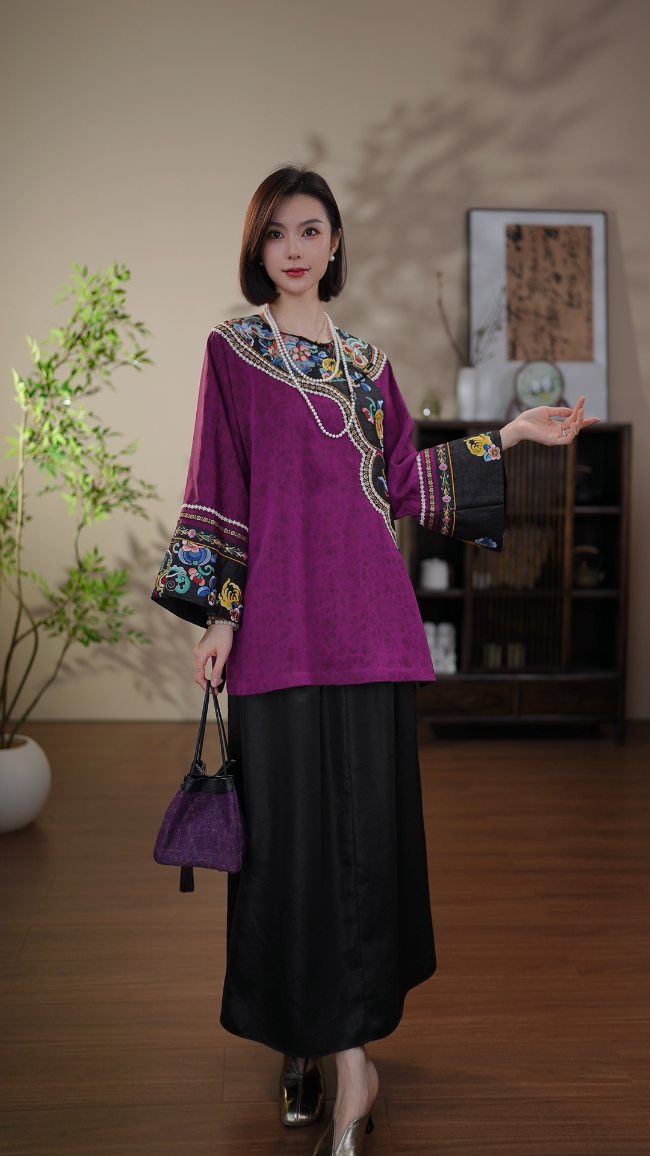 GONG QUE【紫罗兰】新中式蚕丝香云纱龟裂纹重工刺绣圆领上衣 3135