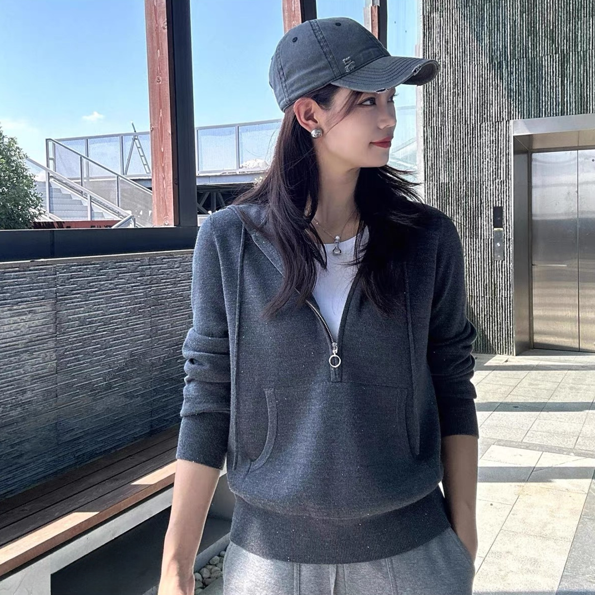 【专柜品质】秋冬新款休闲宽松半开领连帽卫衣针织衫套头毛衣538083