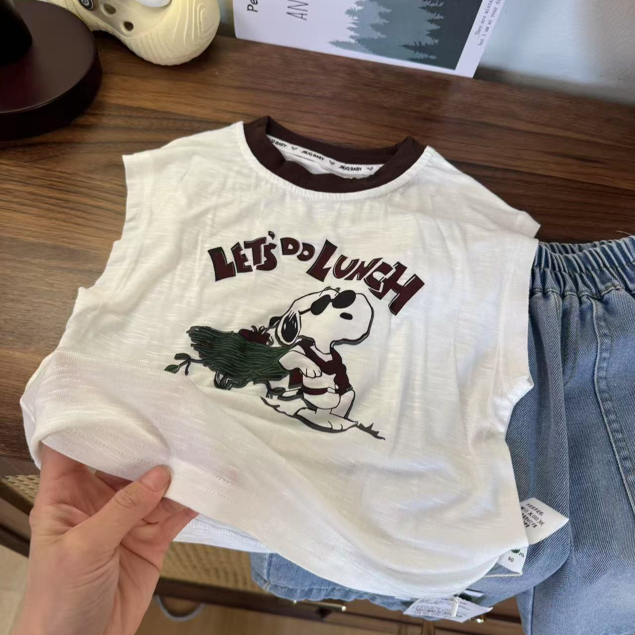 【JMJQ 25070】夏季新款中小童卡通史努比印花撞色领无袖背心