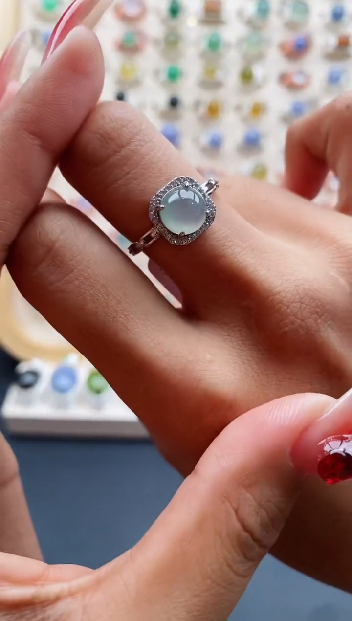 【闪购商品】翡翠戒指银S925镶嵌天然缅甸A货翡翠222 4+5