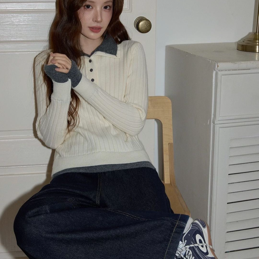 韩系设计感双层假两件polo领冬季厚款针织衫上衣A41  