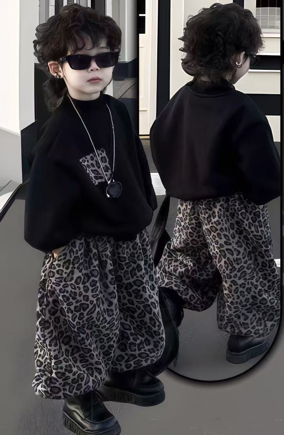 男女宝儿童秋季新款亲子套装豹纹卫衣灯笼裤两件套装韩版百搭洋气