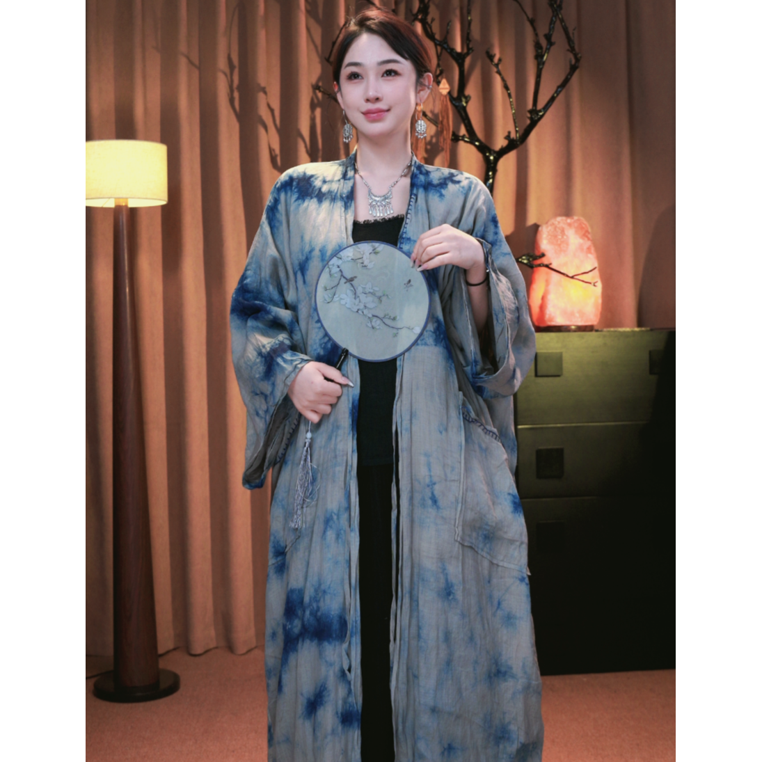 壹木苎麻蓝染植物染小清新温柔气质清新自然森系百搭外披风衣