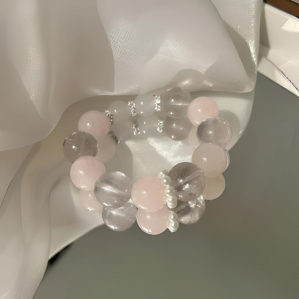 【梦】天然马达加斯加粉水晶紫水晶白玛瑙15mmcrystal原创水晶手串