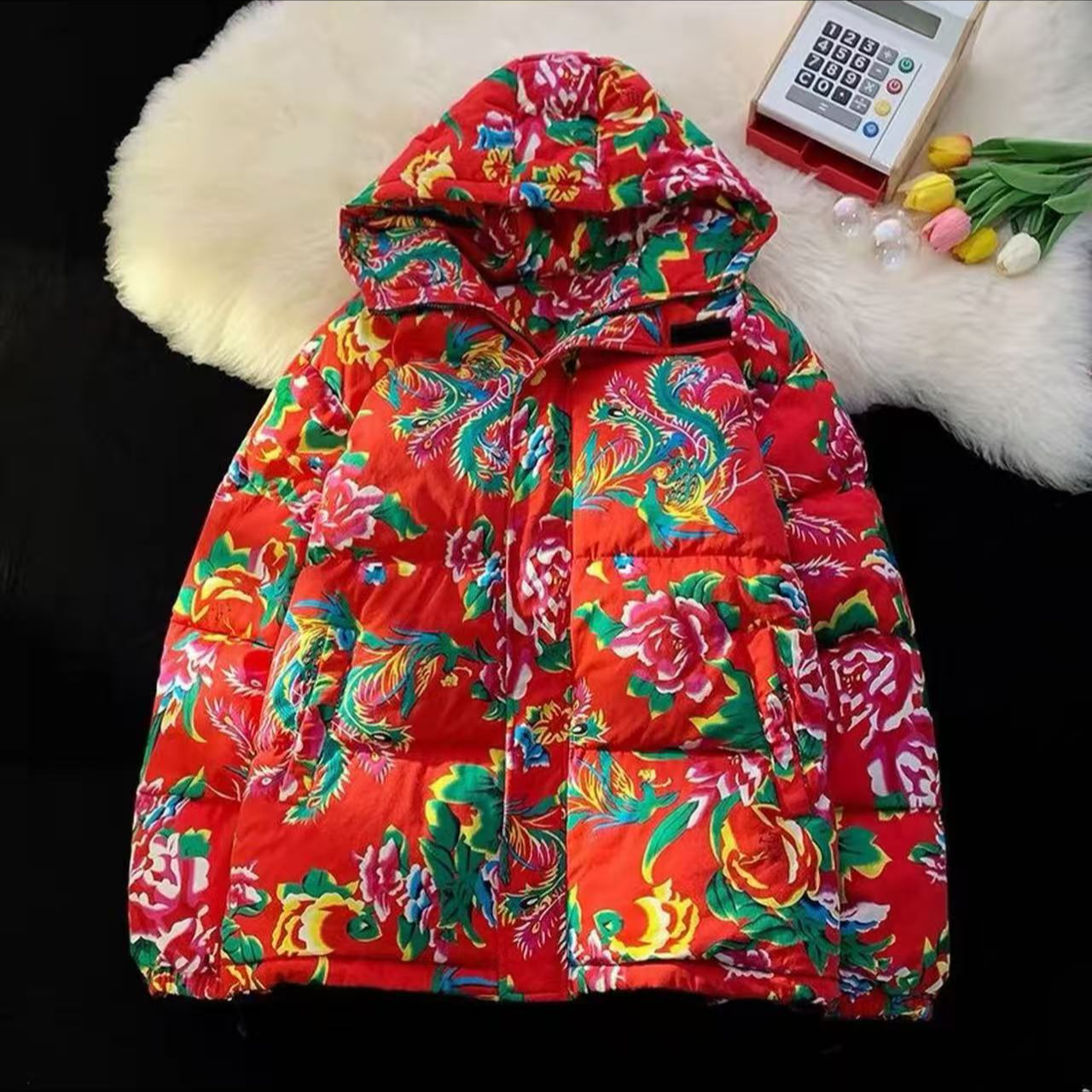 东北大花棉服外套厚款连帽棉衣保暖网红拜年服