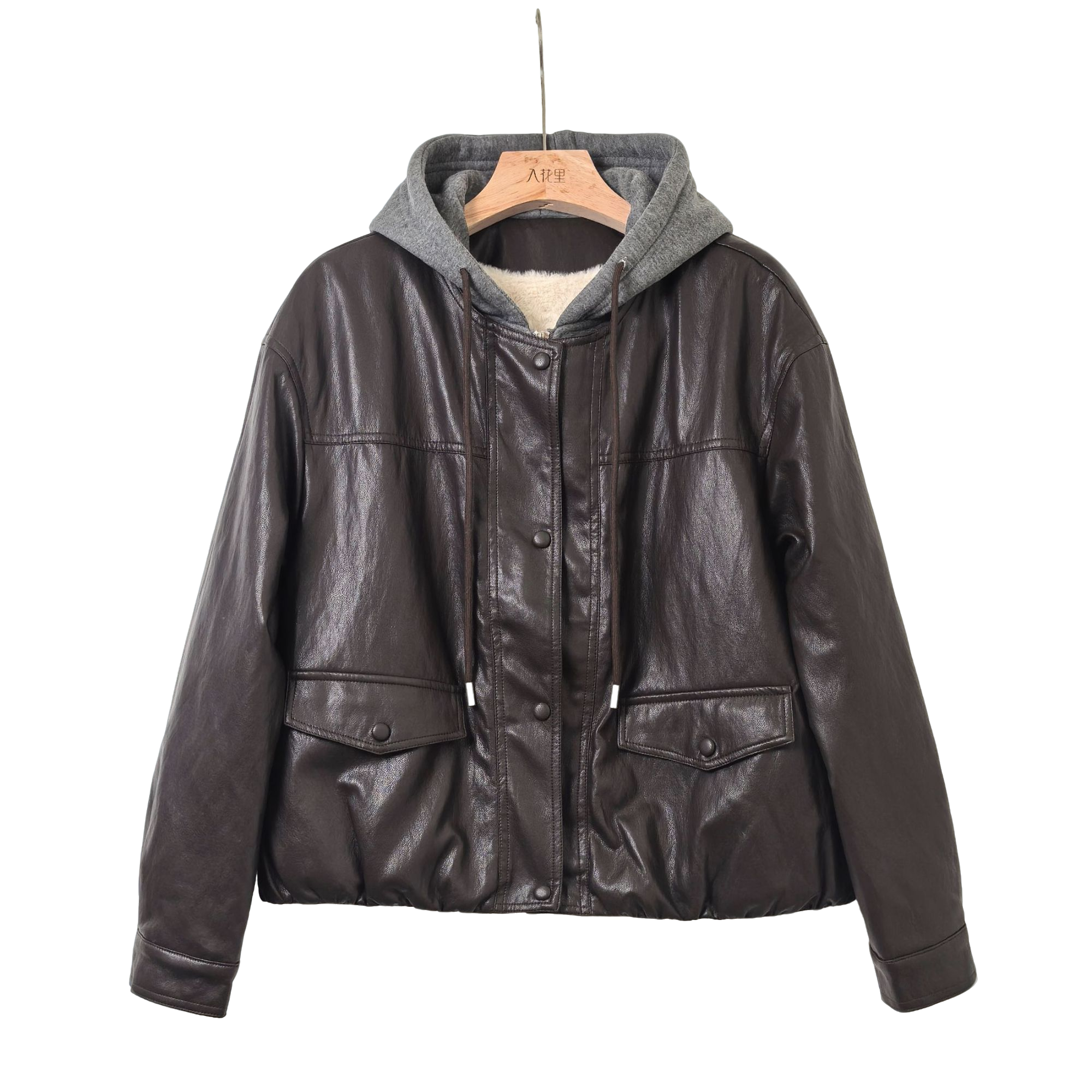 新款假两件休闲连帽厚款加绒PU皮衣外套PJ47223797982/XSM