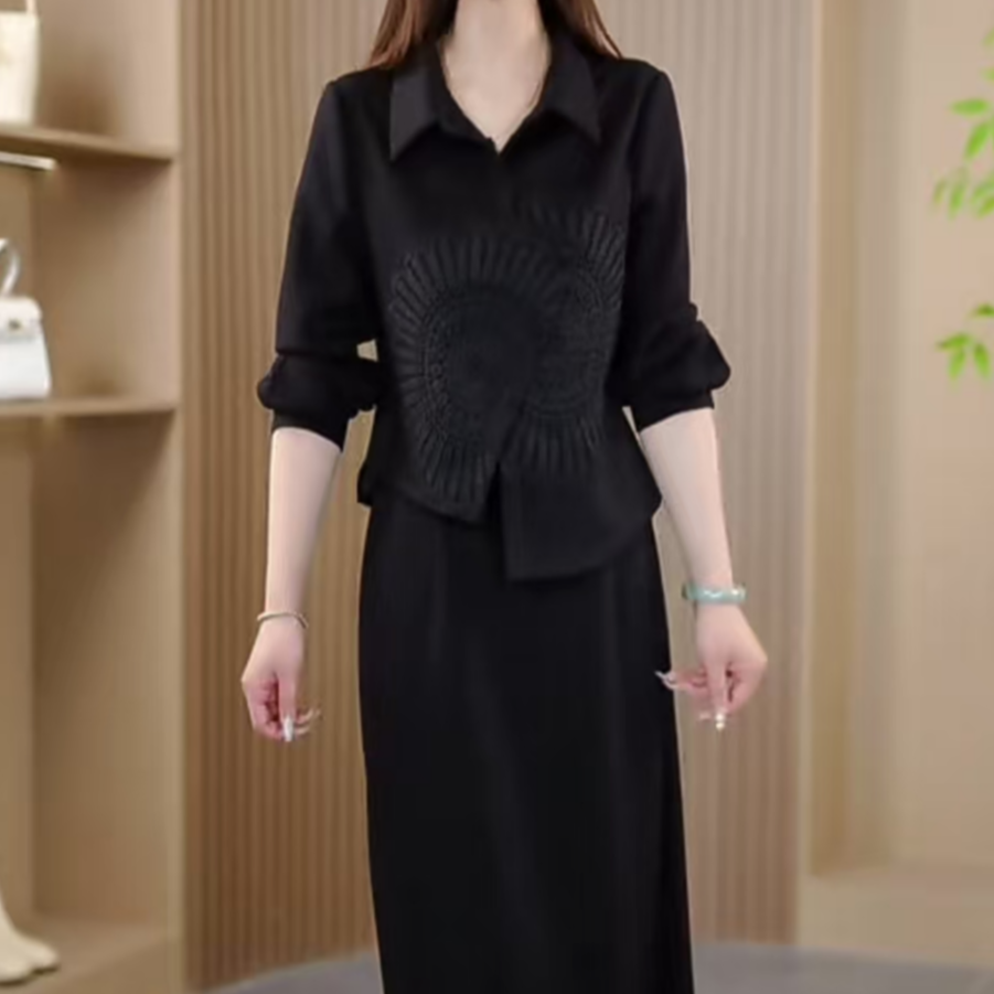 2025春季新款翻领时尚刺绣气质上衣显瘦半身裙套装