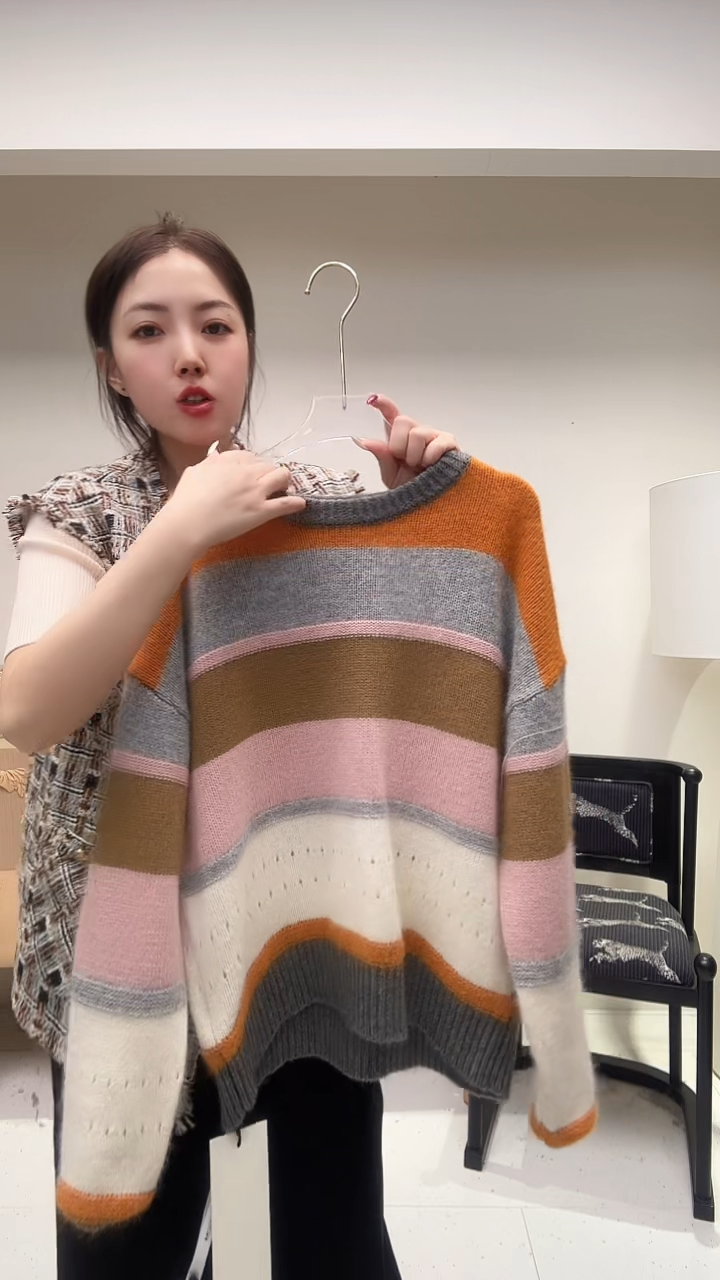 橘色肩膀条纹上衣