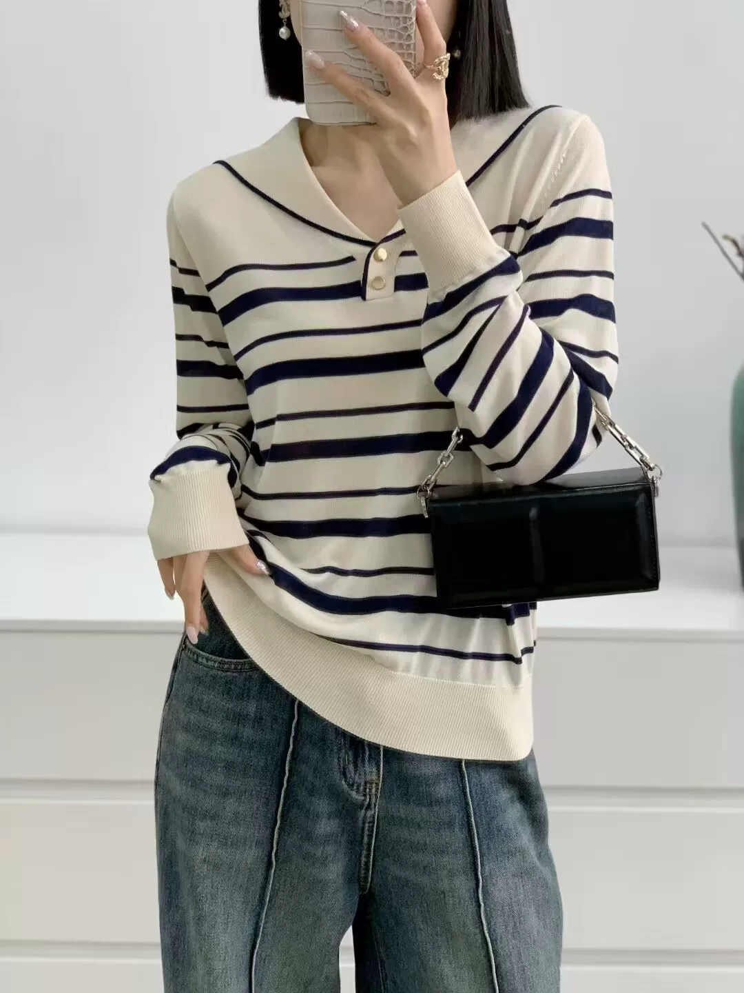 366【米白 大翻领黑白条纹】高级气质针织女衫
