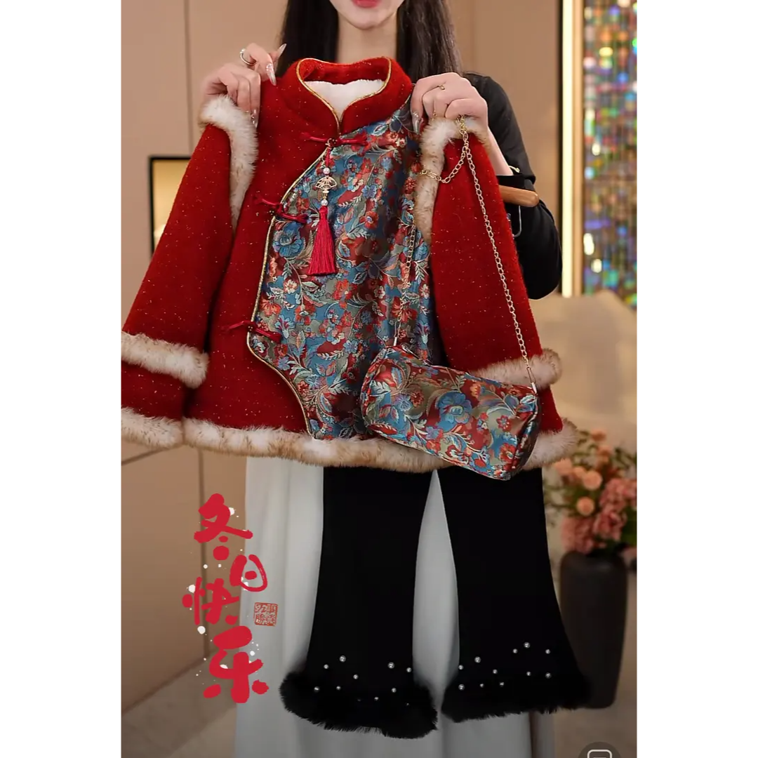现货-【国色芳华】女童外套2025冬装大童新中式唐装加绒加厚套装