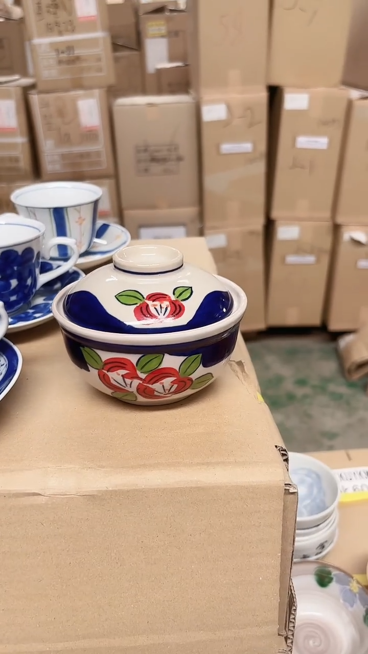 陶瓷濑户烧蓝花盖碗一个