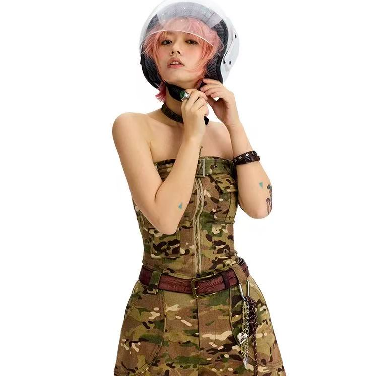 【自播】Oink oink  美式复古迷彩抹胸背心