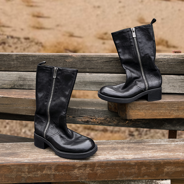 2025秋冬新款侧拉链粗跟中筒靴机车靴马皮圆头高筒骑士靴女