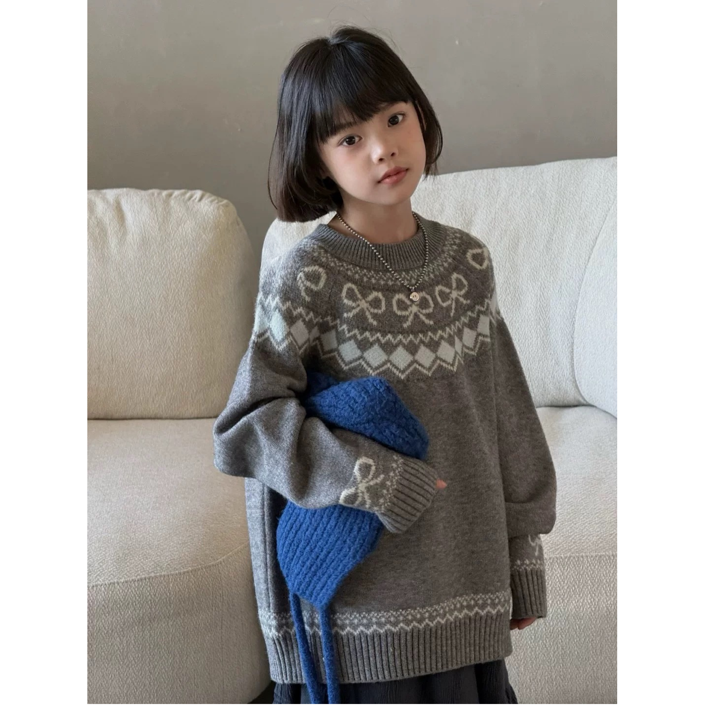 【2025冬韩款】儿童毛衣加绒蝴蝶结提花针织毛衣Y0951